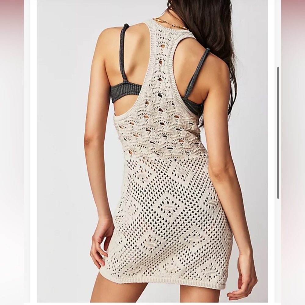 Free People FP Beach Beige Crochet Mini Dress Coverup - Picture 3 of 11